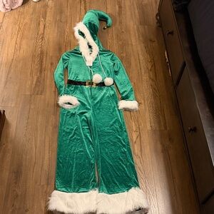 Festive Green Hooded Elf Jumpsuit with White Trim
